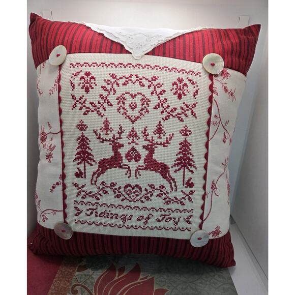 Pillow Decorative Counted Cross Stitch Christmas Folk Art 14 x 14 Cottage Core - Picture 1 of 10
